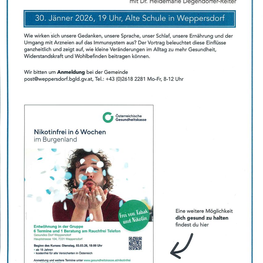 Ein Plakat über einen kostenlosen Workshop zur Nikotinabhängigkeit in Burgenland, Österreich. Der Workshop findet am 3. März 2026 um 19:00 in der Alten Schule von Weppersdorf statt.
