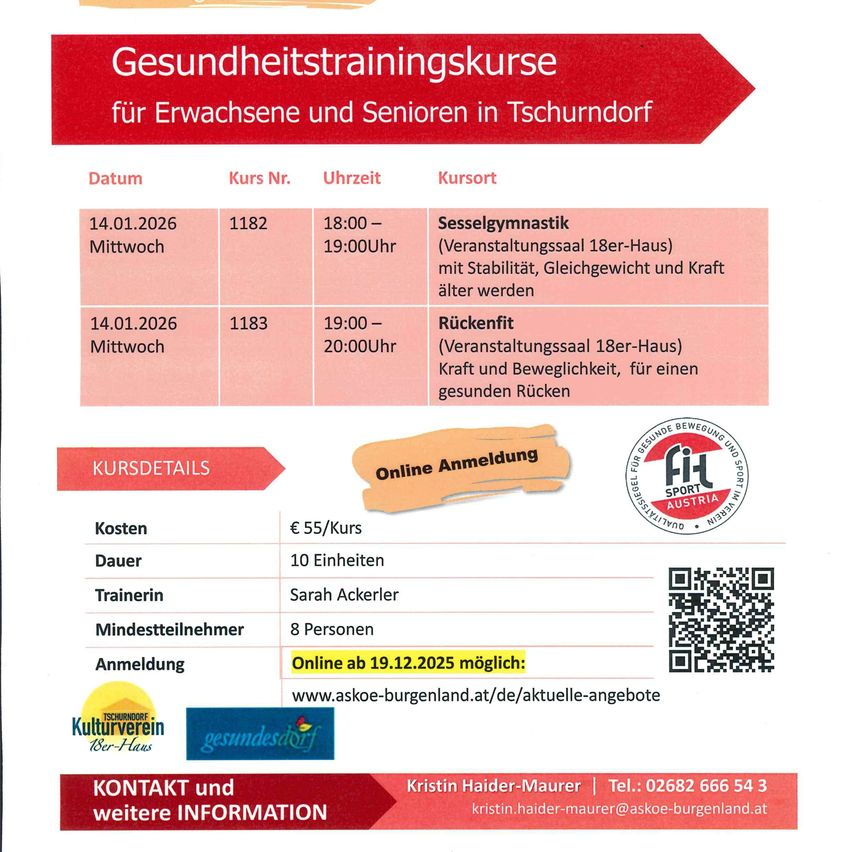 Plakat für Gesundheitstrainingskurse für Erwachsene und Senioren in Tschurndorf. Zwei Termine am 14.01.2026: 1182 von 18:00 bis 19:00 Uhr bei Sesselgymnastik und 1183 von 19:00 bis 20:00 Uhr bei Rückenfit. Kosten 55 Euro pro Kurs. Online-Anmeldung ab 19.12.2025 möglich. Kontakt: Kristin Haider-Maurer.