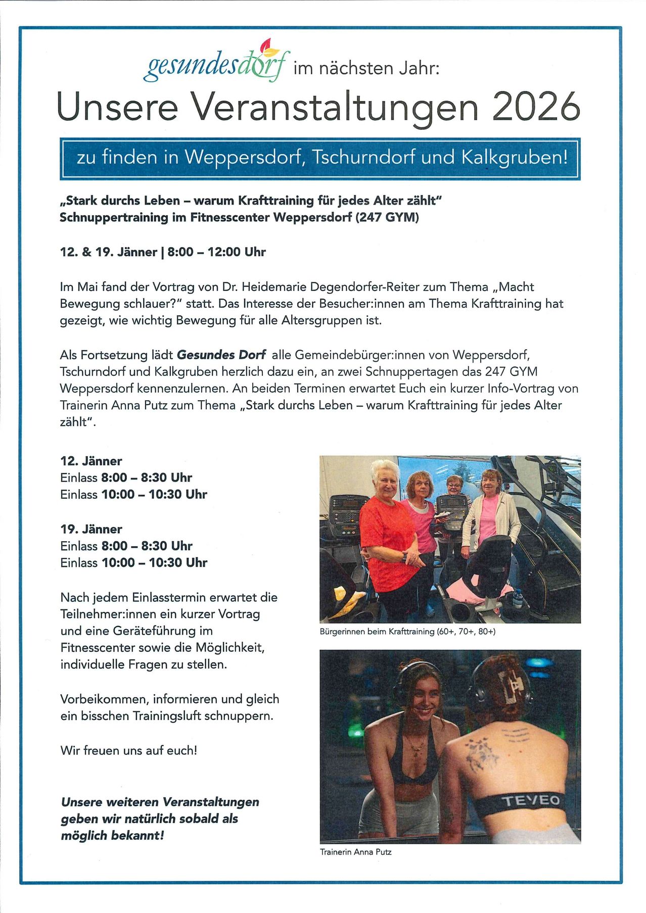 Flyer for Krafttraining sessions at 247 Gym in Weppersdorf, Tschunkdorf, and Kalkgruben. Sessions on Jan 12 and 19 from 8-12. Dr. Heidemarie Degendorfer-Reiter discusses movement. Short talks by Trainer Anna Putz. Sessions for all ages. Photos of training. Join us!
