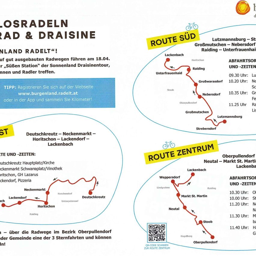 Eine Karte zeigt die Route der Sonnenland Draisine-Tour am 18.04.2024, die bei der "Süden Station" beginnt. Abfahrtszeiten sind angegeben, und die Registrierung wird empfohlen. Die Route führt durch mehrere Städte und beinhaltet einen QR-Code zum Scannen.