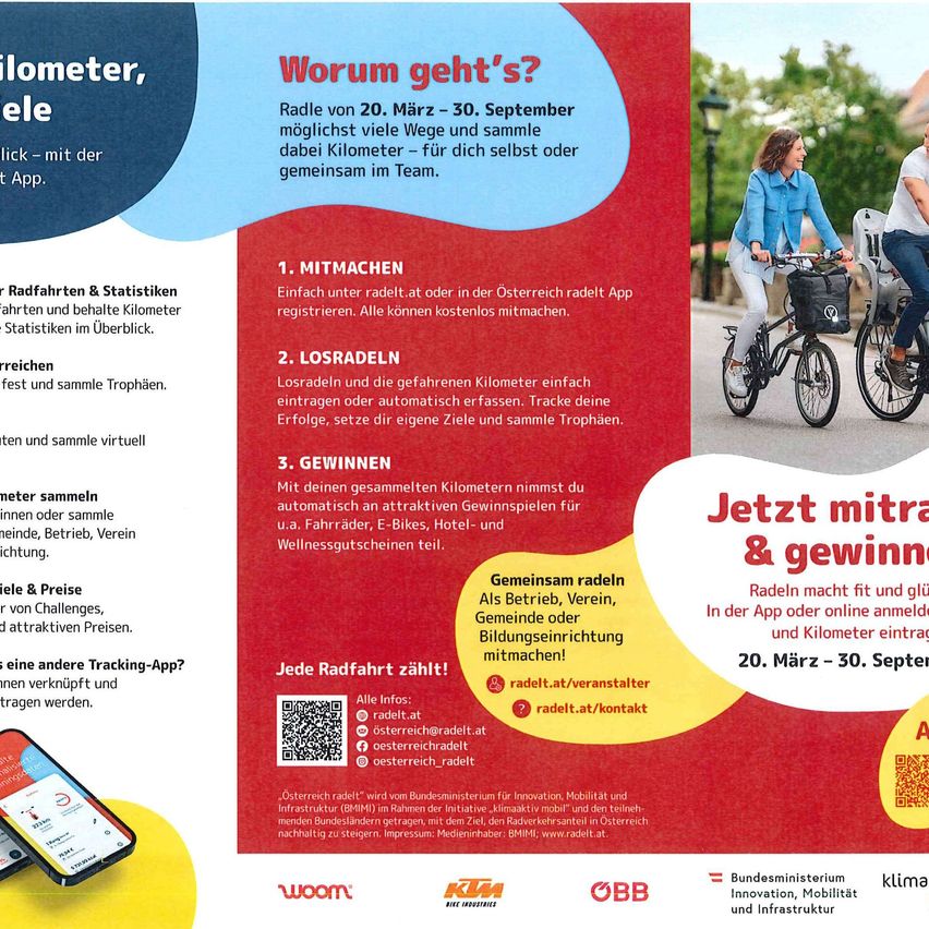 Ein Flyer über eine Fahrradveranstaltung vom 20. März bis 30. September. Die Teilnehmer können sich in der App registrieren und ihre Fahrradstrecke verfolgen, um individuell oder im Team zu konkurrieren. Preise werden für das Radfahren und das Sammeln virtueller Kilometer vergeben. Die Veranstaltung wird vom österreichischen Bundesministerium für Innovation und Technologie unterstützt.