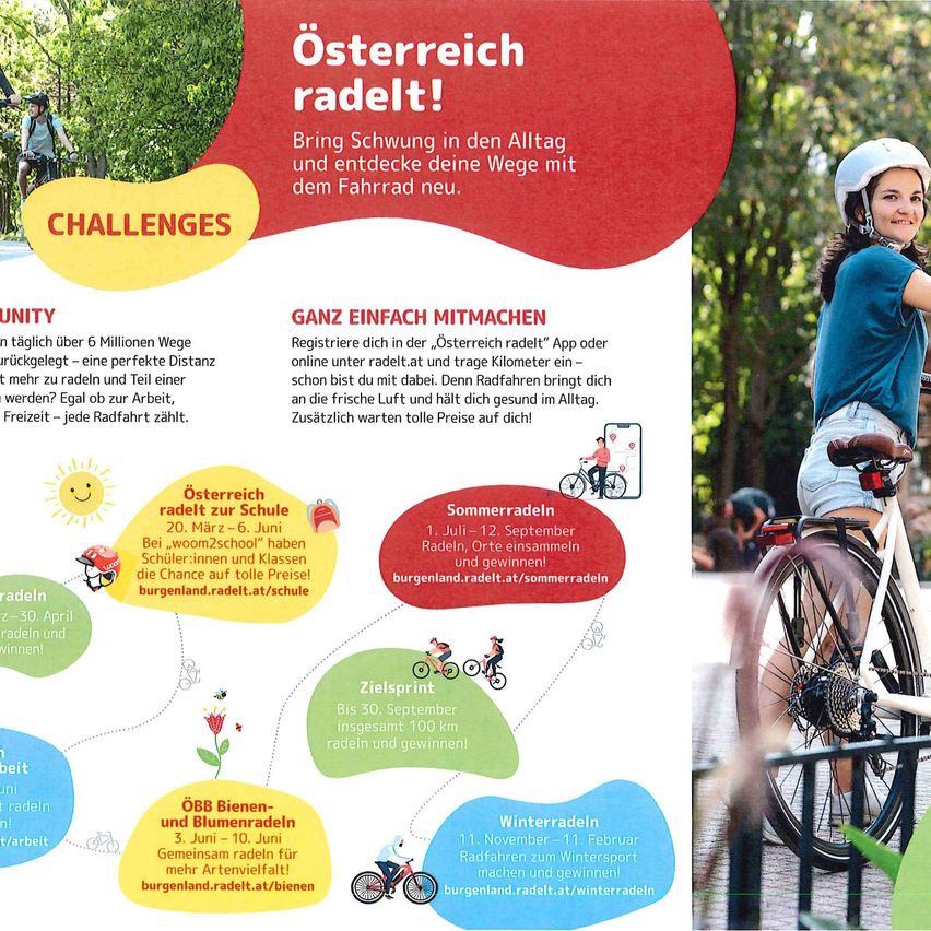 Ein Poster fördert das Radfahren in Österreich mit Herausforderungen und Veranstaltungen wie Sommer- und Winterradeln. Es ermutigt Menschen zum Radfahren und zur Teilnahme an Herausforderungen. Das Poster zeigt einen Radfahrer und Textdetails zu Veranstaltungen von Juni bis Februar.
