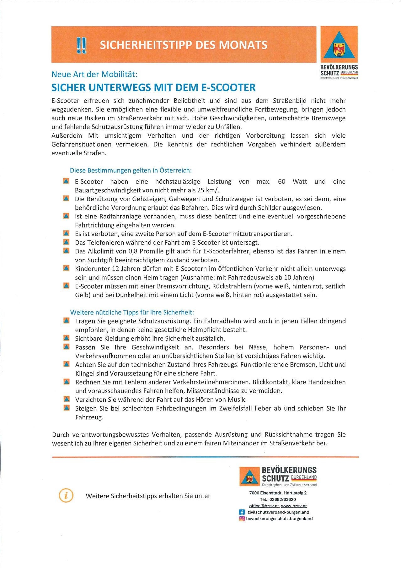 E-Scooter erfreuen sich zunehmender Beliebtheit und sind aus dem Straßenbild nicht mehr wegzudenken. Sie ermöglichen eine flexible und umweltfreundliche Fortbewegung, bringen jedoch auch neue Risiken mit sich. Hohe Geschwindigkeiten, ungenügende Bremswege und fehlende Schutzausrüstung führen immer wieder zu Unfällen. Außerdem Mit umsichtigem Verhalten und der richtigen Vorbereitung lassen sich viele Gefahrensituationen vermeiden. Die Kenntnis der rechtlichen Vorgaben verhindert außerdem eventuelle Strafen.