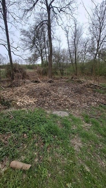 Ein leeres, grasiges Feld mit verstreuten Bäumen und Büschen, einem Haufen Schutt und einem kleinen Stein. Der Boden ist teilweise mit Erde und Blättern bedeckt.