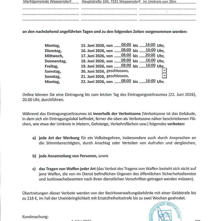 Das Dokument listet die geplanten Zeiten für die nächsten Tage auf und erwähnt eine Online-Eintragungsfrist vom 22. Juni 2026, 20:00 Uhr. Es enthält eine Tabelle mit Datum und Uhrzeiten für Aktivitäten, Verbote während der Eintragungsphase und Strafen für Verstöße.