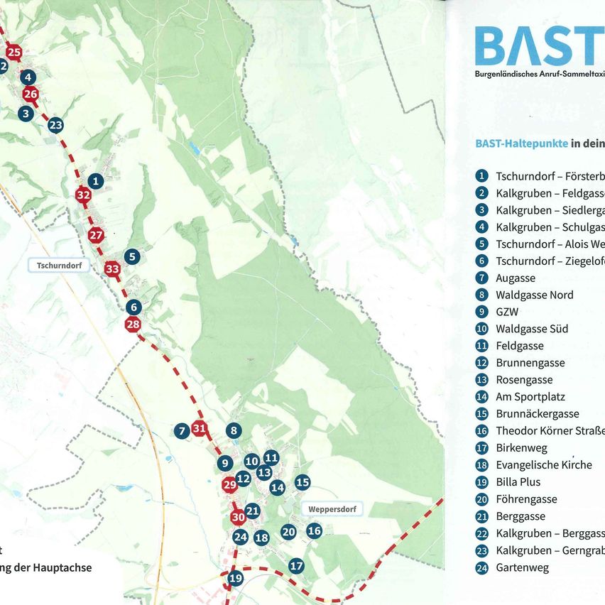 Eine Karte mit einer Liste von BAST-Haltepunkten in einer Region, einschließlich Namen wie Tschunkdorf, Kalckruben und andere. Die Zahlen 25 bis 33 kennzeichnen Standorte auf der Karte.