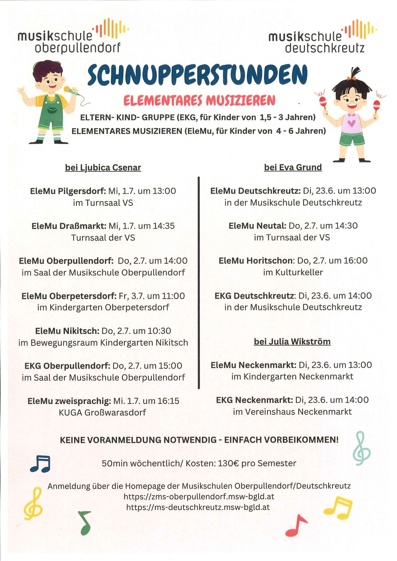 Wöchentliche Musiksitzungen für Kinder im Alter von 1,5-3 und 4-6 Jahren. Sitzungen an verschiedenen Orten. Keine vorherige Anmeldung erforderlich, einfach vorbeikommen. Wöchentliche Gebühr: 130€.
