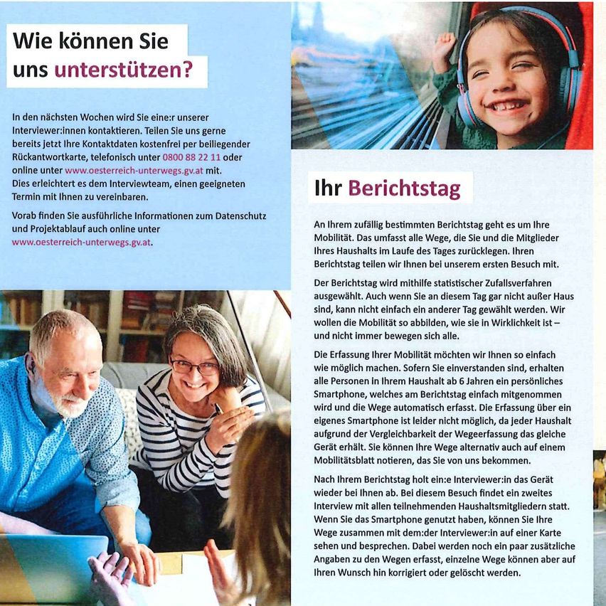 Das Bild zeigt eine Umfrage zur Unterstützungsanfrage. Es enthält ein Kontaktformular, einen Online-Formular-Link und eine Telefonnummer. Die Umfrage bezieht sich auf die Mobilität der Teilnehmer. Ein Interviewer sammelt Daten, und die Teilnehmer können ein Smartphone oder ein Mobilitätsprotokollblatt verwenden.