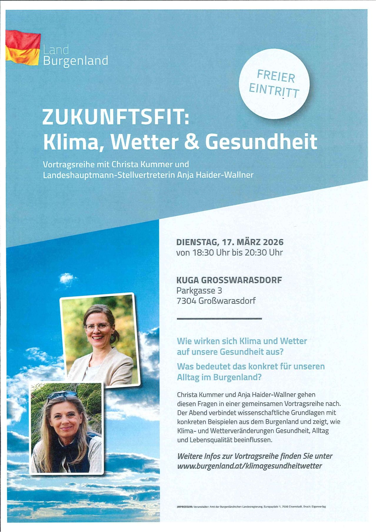 Plakat für eine Vortragsreihe über Klima, Wetter und Gesundheit. Die Redner sind Christa Kummer und Anja Haider-Wallner. Die Veranstaltung ist am Dienstag, 17. März 2026, von 18:30 Uhr bis 20:30 Uhr im KUGA Grosswarasdorf, Parkgasse 3, 7304 Grosswarasdorf.