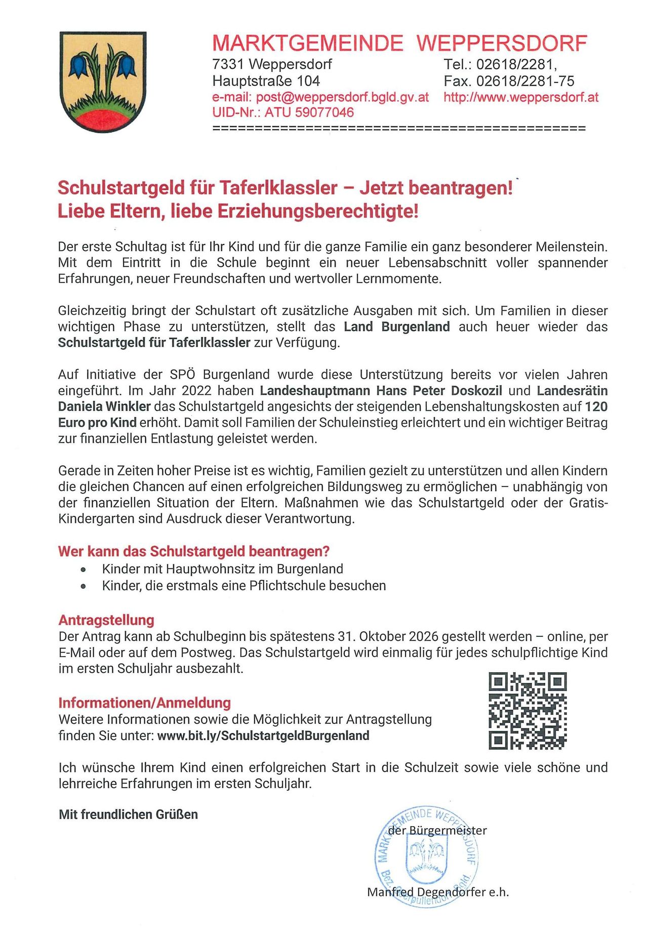 Das Bild ist eine Werbung für ein Schulstartgeld für Tafelklassen in Burgenland, Österreich. Es betont die Bedeutung der Unterstützung von Familien während der Schulstartphase und bietet Informationen zur Beantragung des Zuschusses.