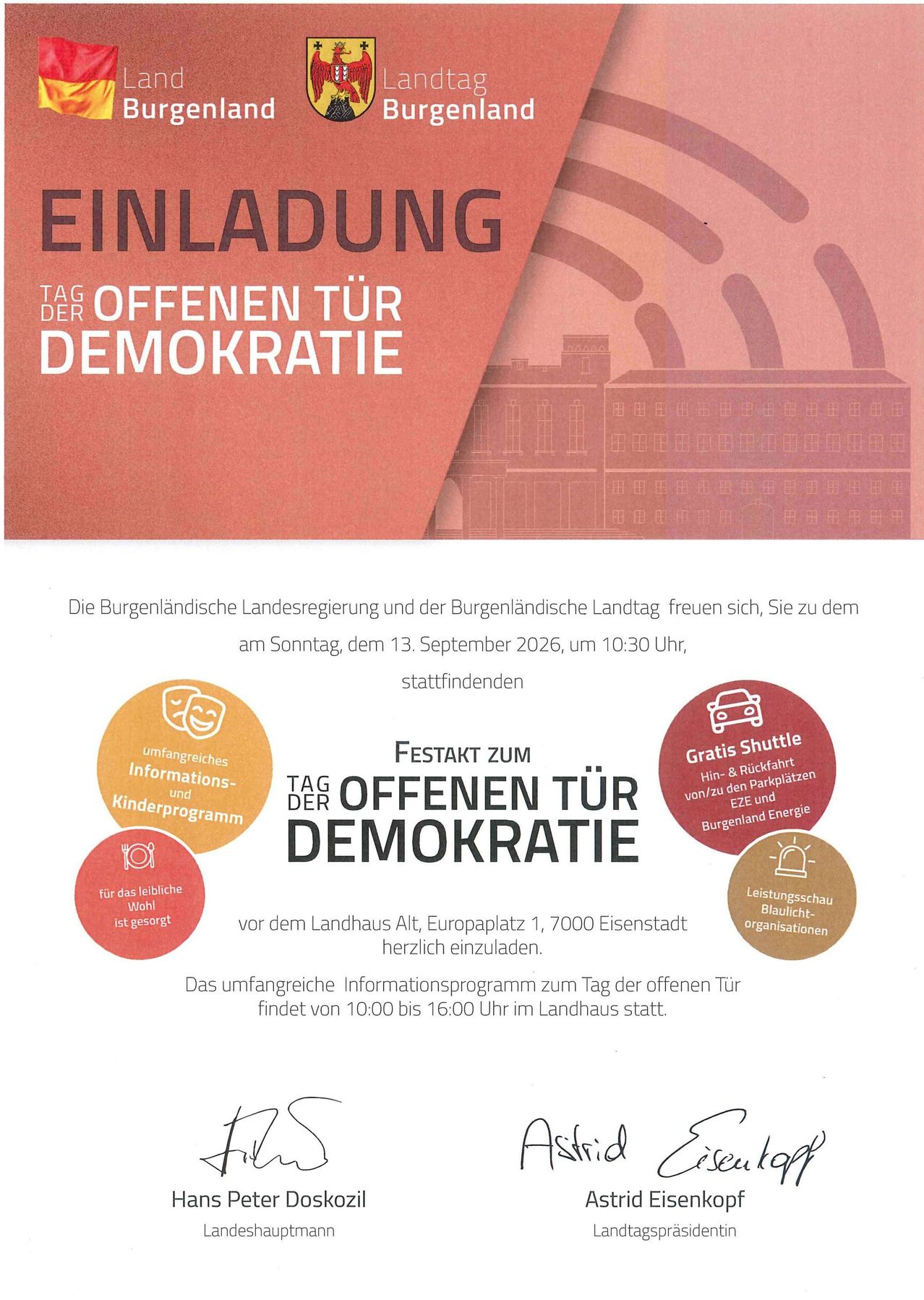 Plakat für den Tag der offenen Tür der Demokratie am 13. September 2026 mit einem Gebäude, Shuttle-Service und Informationssymbolen.
