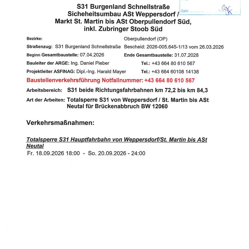 Dokument mit Details zum Bau der S31 Burgenland Schnellstraße zwischen Weppersdorf und Oberpullendorf, einschließlich Verkehrseinschränkungen und Kontaktinformationen.