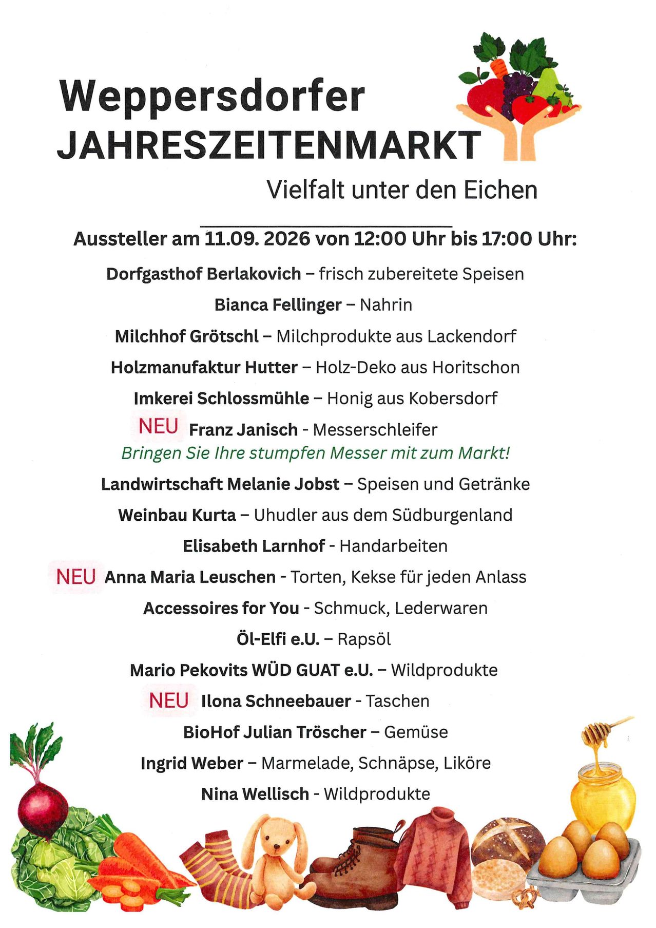 Plakat für die jährliche Marktveranstaltung mit verschiedenen Ausstellern, die Produkte wie frische Lebensmittel, Milchprodukte, handgefertigte Waren und mehr anbieten. Die Veranstaltung ist für den 11. September 2026 von 12:00 Uhr bis 17:00 Uhr im Dorfgasthof Berlakovitch geplant.