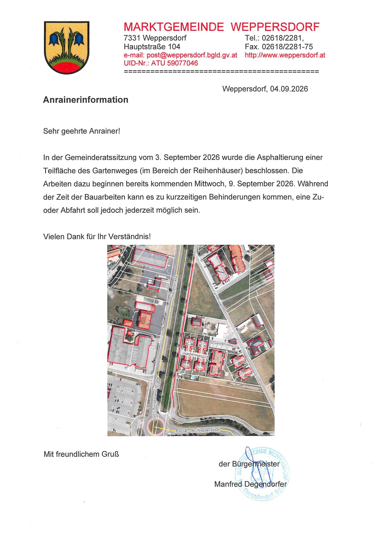 Amtliche Mitteilung aus Weppersdorf vom 04.09.2026 über die Asphaltierung eines Abschnitts des Gartenwegs. Die Arbeiten beginnen am Mittwoch, 9. September 2026. Temporäre Verkehrseinschränkungen können auftreten.
