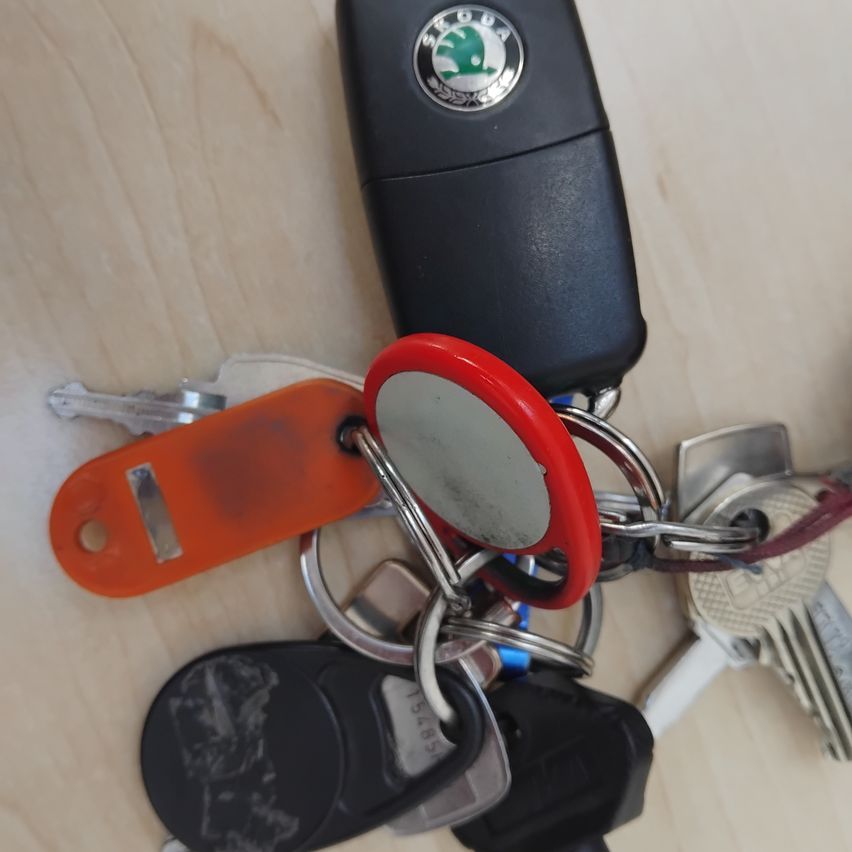 Eine Sammlung von Autoschlüsseln, einschließlich eines schwarzen Fernbedienungsschlüssels mit Skoda-Logo, liegt auf einer Holzoberfläche. Andere Schlüssel umfassen einen roten und orangefarbenen Schlüsselbund sowie mehrere Standardschlüssel.