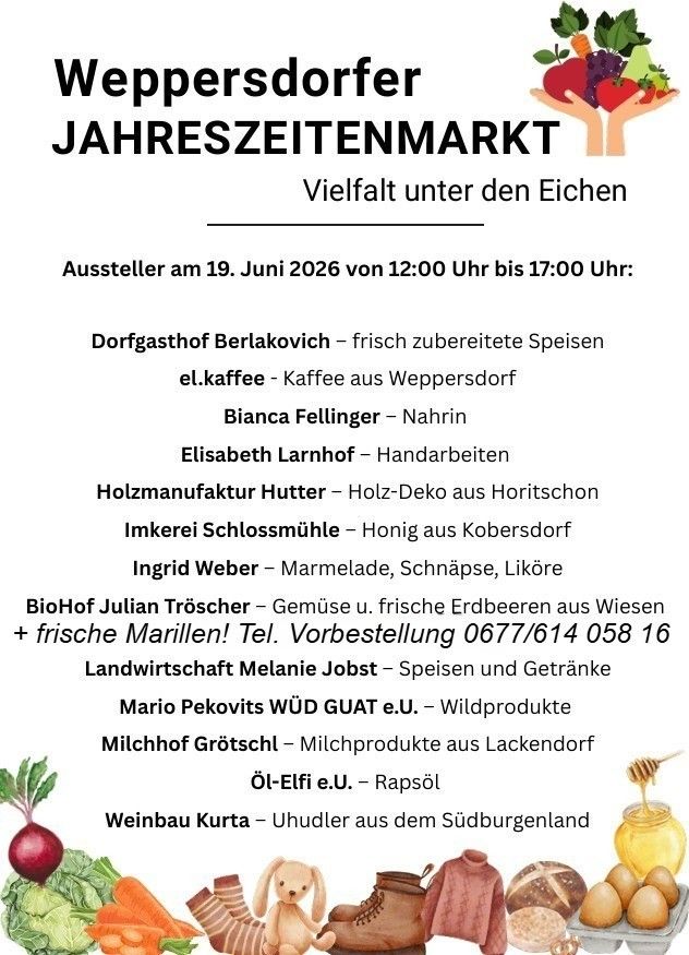 Weppersdorfer Jahreszeitenmarkt mit lokalen Produkten am 19. Juni 2026 von 12:00 bis 17:00 Uhr. Angeboten werden frische Lebensmittel, Kaffee, handgefertigte Artikel, Honig, Marmeladen, Liköre, Gemüse und Milchprodukte. Reservierungsnummer 0677/614 058 16.
