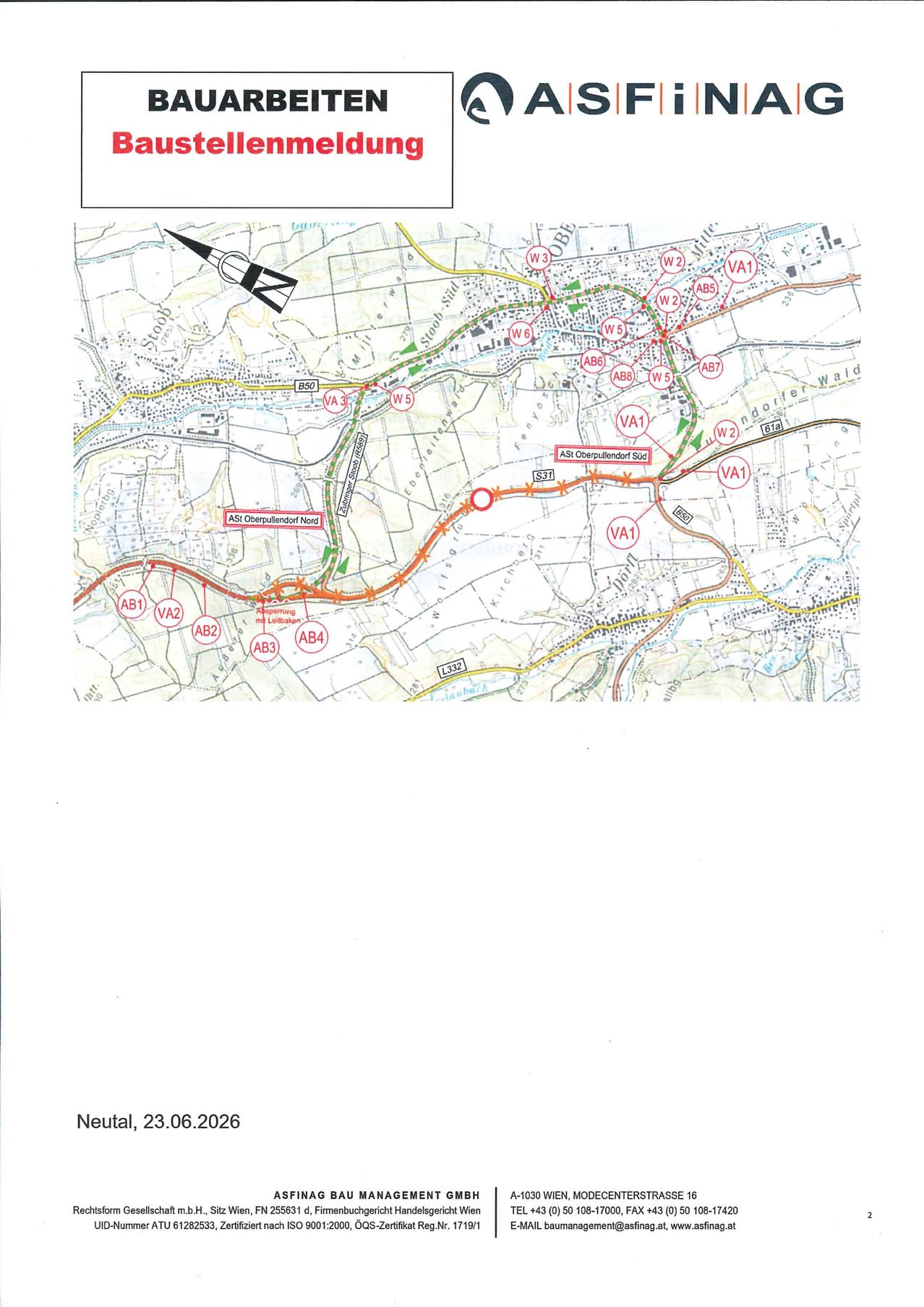 Die Karte zeigt ein Netzwerk von Straßen und Autobahnen mit beschrifteten Kreuzungen, einschließlich VA1, VA2 und AB3, und hebt wichtige Orte wie Oberpullendorf Nord hervor.