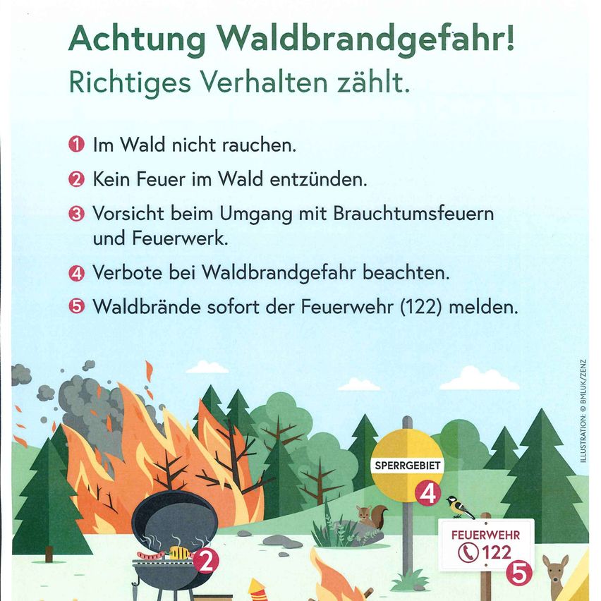 Ein Plakat mit Sicherheitstipps zur Vermeidung von Waldbränden. Es rät davon ab, im Wald zu rauchen, Feuer zu verwenden oder Feuerwerk abzubrennen, Waldbrandverbote zu beachten und Waldbrände der Feuerwehr zu melden.