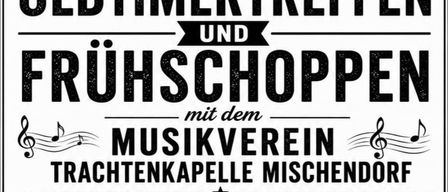 Ein Plakat für Teichbachtal Oldtimertreffen und Frühshoppen mit einem Motorrad und Musiknoten auf weißem Hintergrund. Die Veranstaltung wird vom Musikverein Trachtenkapel Mischendorf am Sonntag, den 30. August, ab 10:00 Uhr in Großbachseltsen ausgerichtet.