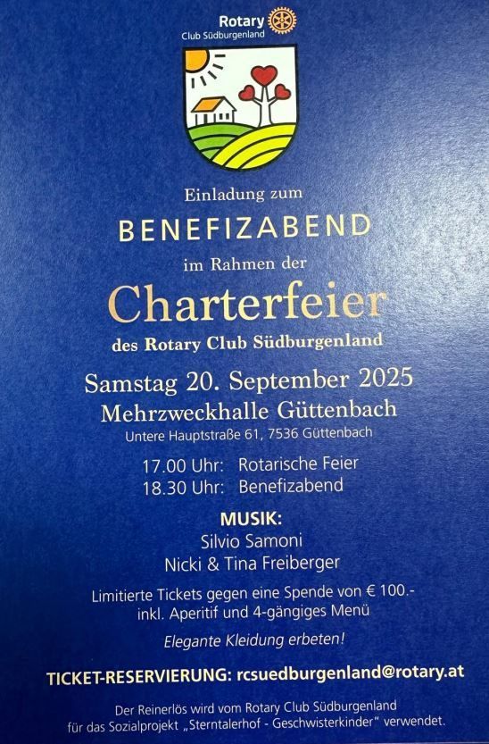 Ein blaues Plakat lädt zum Benefizabend am Samstag, 20. September 2025, in der Mehrzweckhalle Guttenbach ein. Die Veranstaltung beginnt um 17:00 Uhr mit einer Rotary-Feier und um 18:30 Uhr mit einem Benefizabend. Musikalisch unterhalten Silvio Samoni, Nicki & Tina Freiberger. Tickets sind begrenzt und beinhalten einen Aperitif und ein 4-Gänge-Menü für eine Spende von 100 €. Elegante Kleidung ist erwünscht.