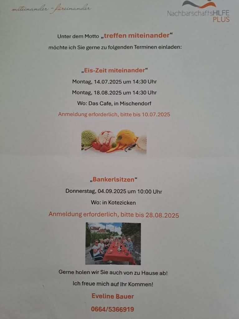 Das Bild zeigt zwei Veranstaltungen, 'Eis-Zeit miteinander' an Montagen und 'Bankersitzten' an Donnerstagen. Beide erfordern eine Anmeldung. Die Termine sind 14.07.2025 und 04.09.2025, mit den Orten Das Cafe in Mischendorf und Kotežickén.