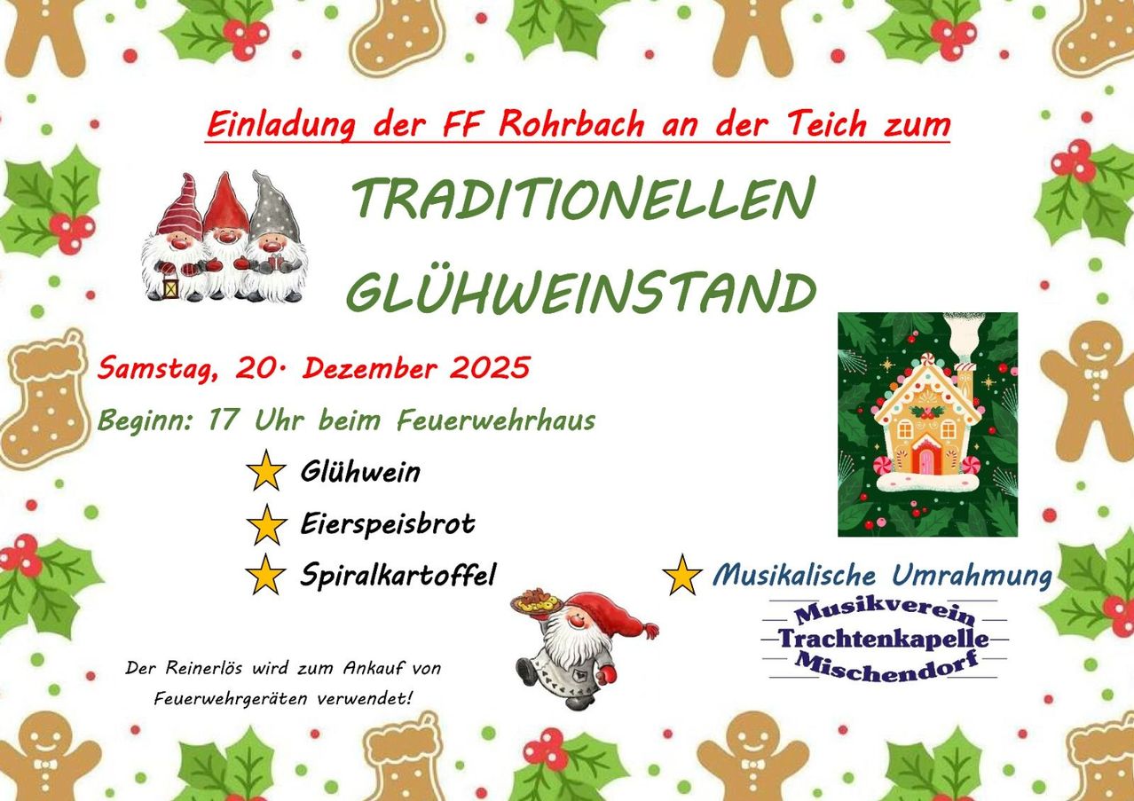 Einladung der FF Rohrbach am Teich zum traditionellen Glühweinstand. Datum: 20. Dezember 2025, 17 Uhr beim Feuerwehrhaus. Angebote umfassen Glühwein, Eierpunsch und Kartoffelknödel. Musik von 'Mischendorfer'.
