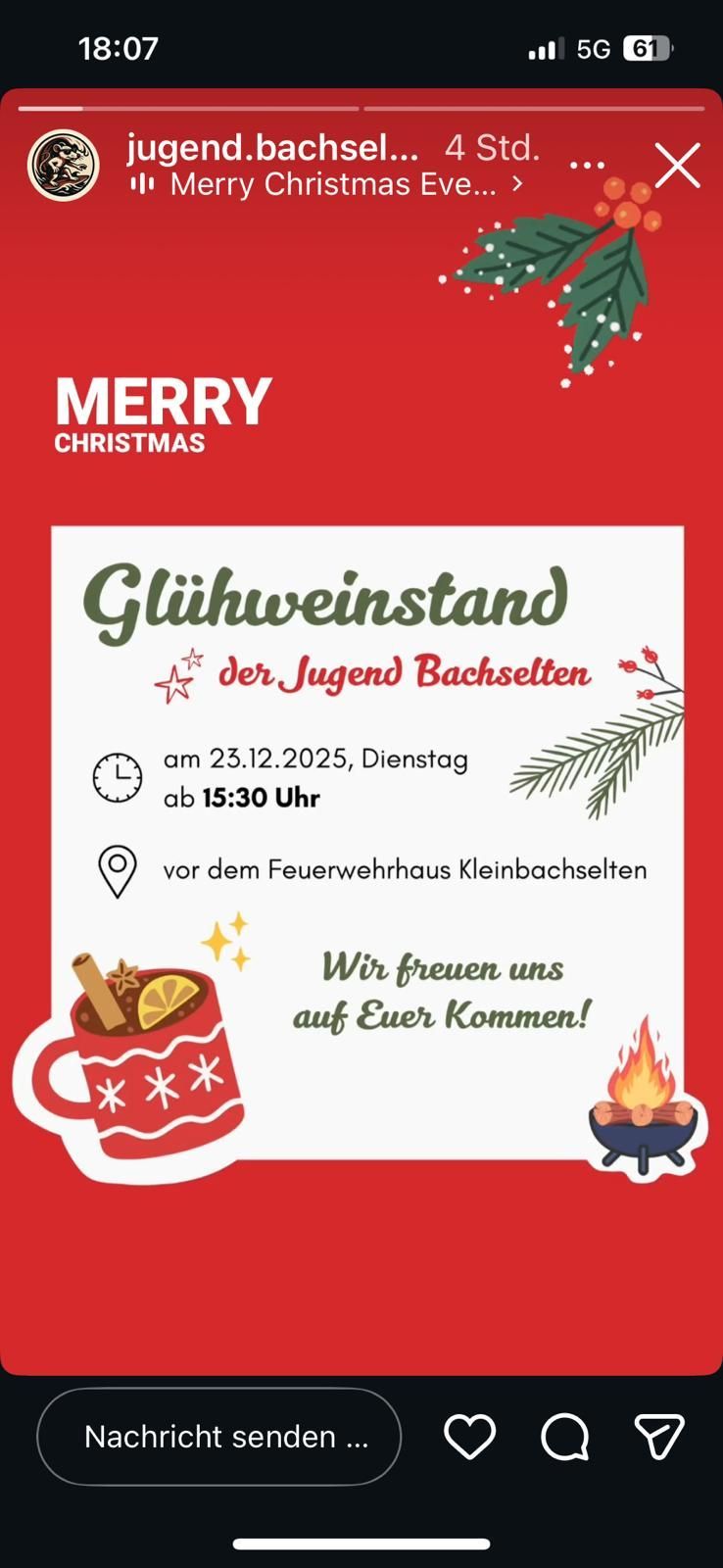 Ein Weihnachtsevent mit Glühweinstand für die Jugend von Bachselt. Datum: 23.12.2025, Dienstag. Zeit: 15:30 Uhr. Ort: Vor dem Feuerwehrhaus Kleinbachselt.