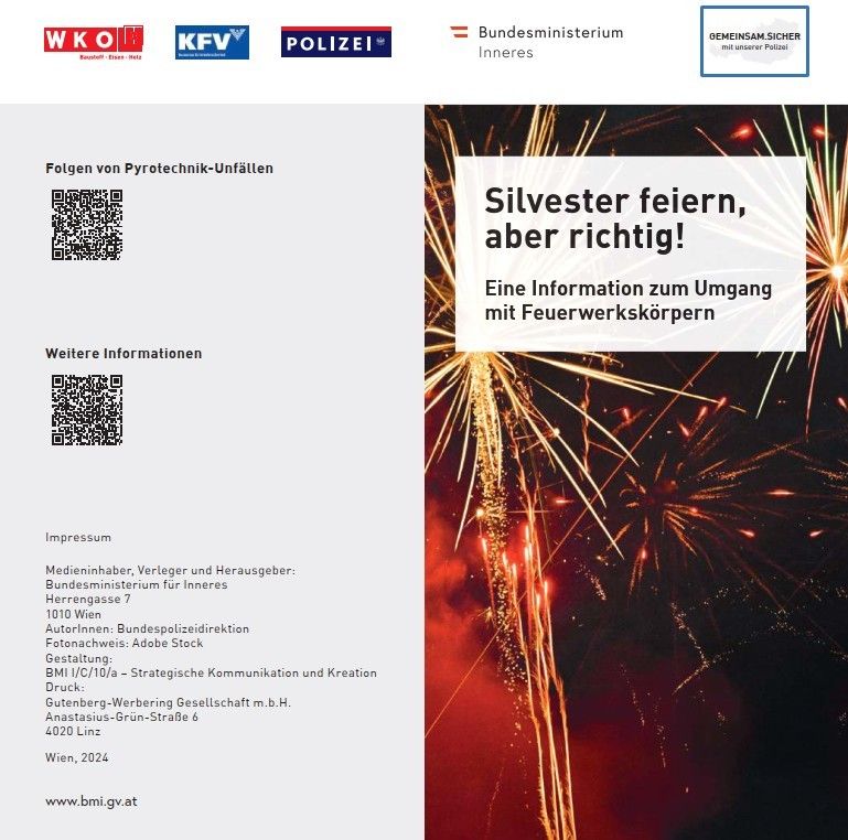 Sicherheitsinformationsposter über Pyrotechnik-Unfälle mit einem QR-Code für weitere Details. Es zeigt ein Feuerwerksdisplay mit einer Sicherheitsbotschaft in Fettdruck.