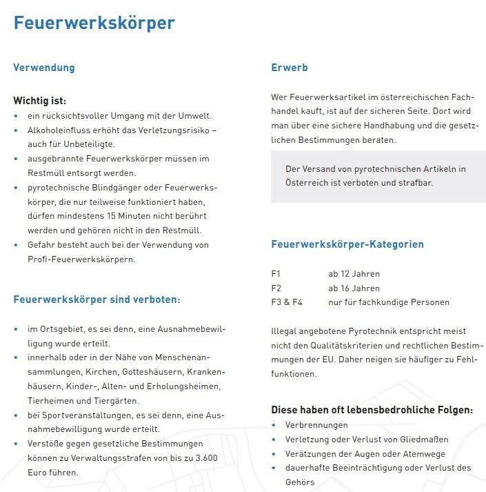 Das Bild zeigt ein Dokument mit dem Titel 'Feuerwerkskörper', das Abschnitte zur Verwendung und zum Erwerb enthält. Es umreißt Vorschriften, Sicherheitsmaßnahmen und Konsequenzen illegaler Pyrotechnik. Kategorien von Feuerwerkskörpern sind mit Altersbeschränkungen aufgeführt. Das Dokument betont die Gefahren der Fehlanwendung und die rechtlichen Strafen.