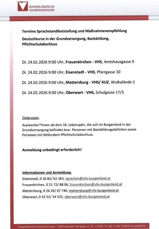 Document regarding German language proficiency assessment and recommendation. German courses in basic supply, basic education, and mandatory school completion. Various locations and dates provided. Registration required. Contact details included.