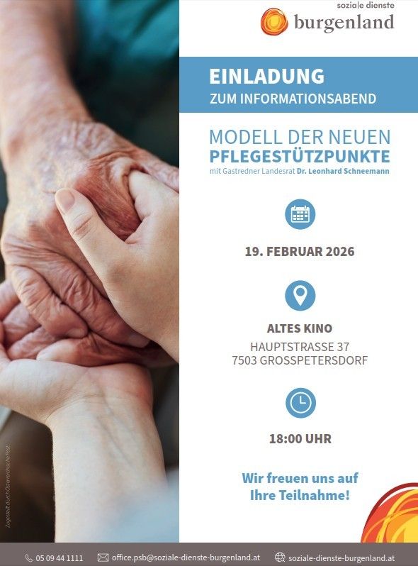 Invitation to the informational evening about the new care support center with Gastredner Landrat Dr. Leonhard Schneemann on February 19, 2026, at 18:00 at the Altes Kino, Hauptstrasse 37, 7503 Grosspetersdorf. Join us!