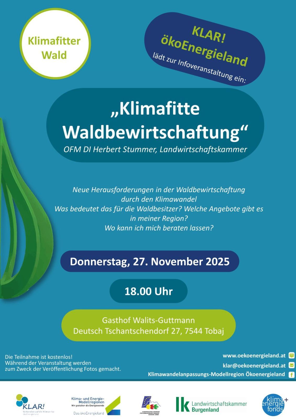 Plakat für eine Konferenz über klimafreundliche Forstwirtschaft. Es zeigt ein Blatt und gibt an, dass die Veranstaltung am 27. November 2025 um 18 Uhr im Gasthof Walits-Guttmann in Deutsch Tschantschendorf stattfinden wird.