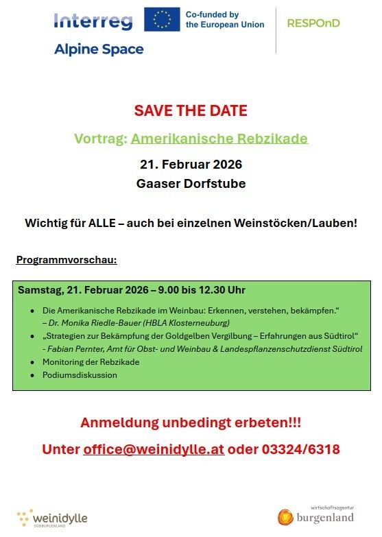 Poster for a presentation on American grapevine leafhoppers, co-funded by the EU. It emphasizes the importance of the event for all winegrowers, even those with small vineyards. Scheduled for February 21, 2026, the event includes a presentation by Dr. Monika Riedel-Bauer and Fabian Pernter, with a focus on combating grapevine leafhoppers. Registration is mandatory. Contact details are provided.