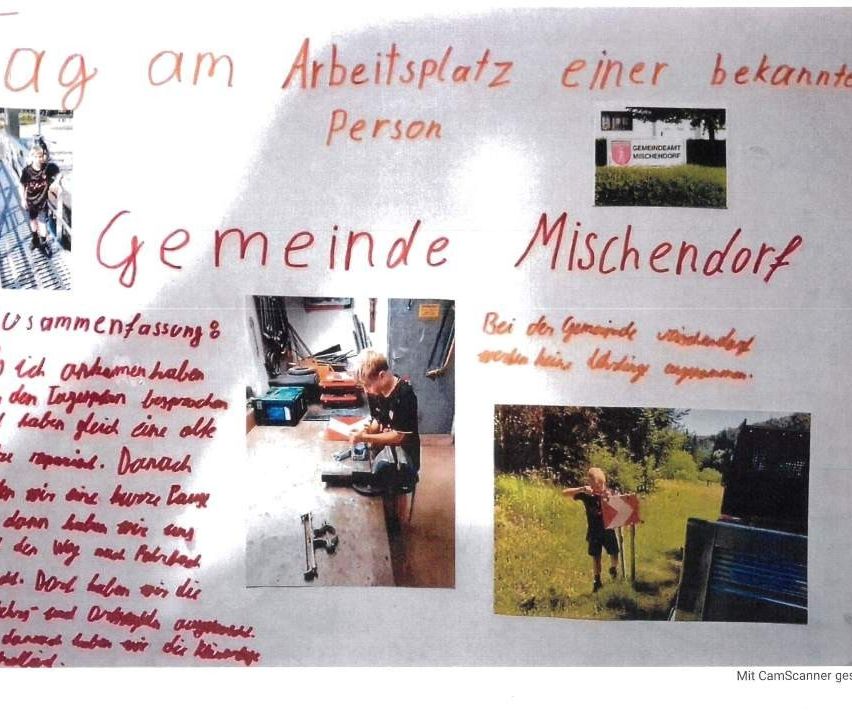 Eine Collage von Bildern und Texten über die Gemeinde Mischendorf, mit einem arbeitenden Menschen, einem Kind auf einem Feld und einem Logo. Der Text ist auf Deutsch.
