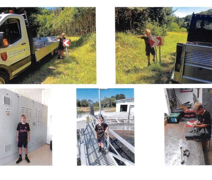 Eine Collage aus vier Bildern, die einen Jungen mit einem LKW, einen Jungen mit einem Schild, einen Jungen in einem Raum mit Schalttafeln und einen Jungen auf einer Metalltreppe zeigt.