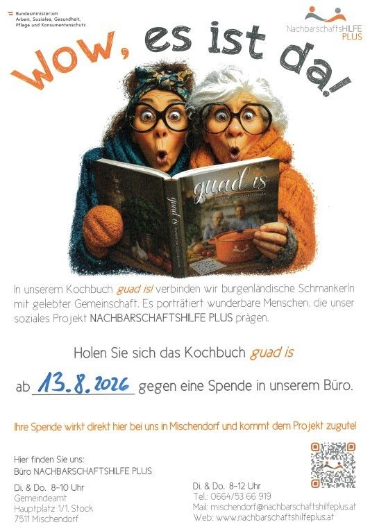Ein Werbeplakat zeigt zwei ältere Frauen mit Brille, die ein Buch mit dem Titel 'quad is' halten. Das Plakat bewirbt ein soziales Projekt namens 'Nachbarschaftshilfe Plus'. Der Text lädt dazu ein, das Buch für eine Spende mitzunehmen. Das Plakat enthält Kontaktdaten und einen QR-Code.