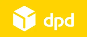 Das Logo für DPD wird auf einem gelben Hintergrund angezeigt. Das Logo besteht aus einem weißen Kasten mit einem nach links zeigenden Pfeil. Die Buchstaben DPD sind weiß.