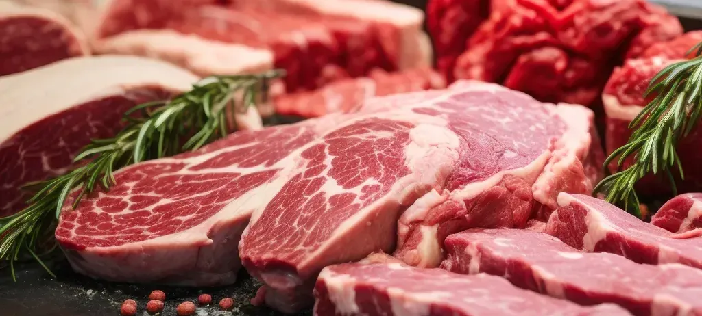 Eine Nahaufnahme verschiedener roher Rindfleischstücke, darunter Steaks und Hackfleisch, garniert mit frischem Rosmarin und Pfeffer.