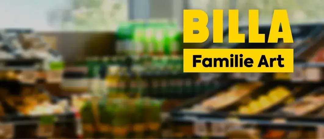 Ein verschwommenes Bild eines Lebensmittelgeschäfts mit gelbem Text 'BILLA Familie Ar' oben und einer Vielzahl von Produkten.