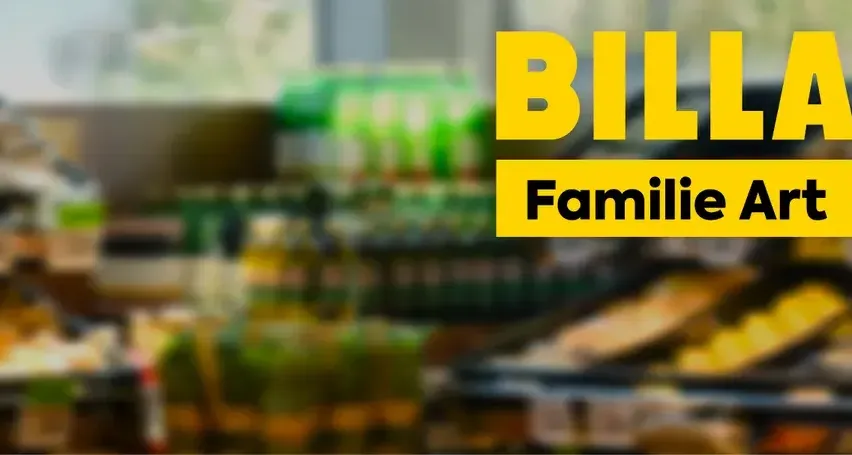 Ein verschwommenes Bild eines Lebensmittelgeschäfts mit gelbem Text 'BILLA Familie Ar' oben und einer Vielzahl von Produkten.