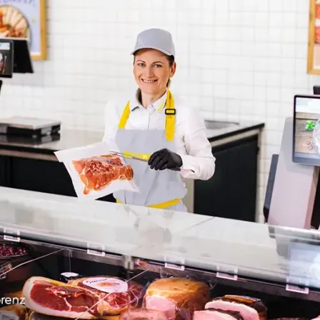Ein Metzger steht lächelnd hinter einem Tresen und hält eine Plastiktüte mit Fleisch. Verschiedene Fleischsorten sind ausgestellt.