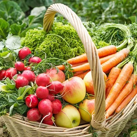 Ein Korb aus Weide gefüllt mit frischem Gemüse und Obst, darunter Karotten, Radieschen, Äpfel und Grünzeug, auf dem Boden stehend.