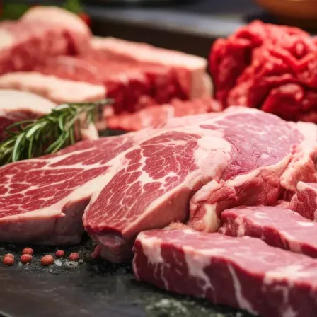 Eine Nahaufnahme verschiedener roher Rindfleischstücke, darunter Steaks und Hackfleisch, auf einer dunklen Oberfläche angeordnet.