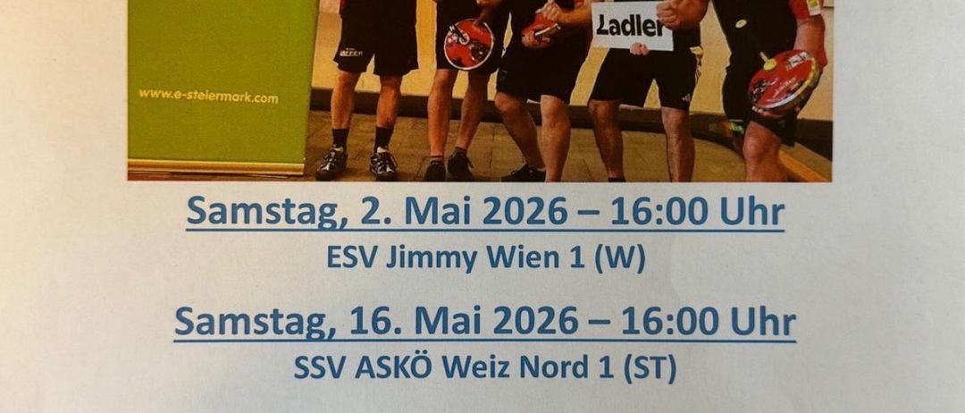 Plakat für RSU Leitersdorf. Vier Männer halten Schläger, einer hält ein Schild mit 'Ladler'. Drei bevorstehende Veranstaltungen aufgelistet. Eintrittsgebühren sind 5,00 Euro für einen 3-Event-Block oder 7,00 Euro pro Tag.