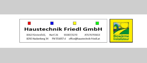 Das Bild zeigt eine weiße Visitenkarte für Haustechnik Friedl GmbH. Sie enthält eine Adresse in 8362 Furstenfeld, Hartl 26, Österreich, und Kontaktnummern 03387/3270 und 0676793613. Die E-Mail-Adresse ist office@haustechnik-friedl.at. Ein Logo für Biowärme Installateur ist rechts vorhanden.