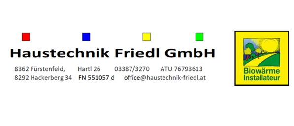 A white page with 'Haustechnik Friedl GmbH' written in bold black text. Below it are addresses and contact details. A yellow logo with the text 'Biowärme Installateur' is on the right.