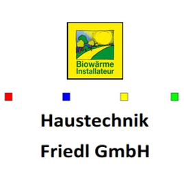 The logo of Biowarme Installateur Haustechnik Friedl GmbH is displayed on a white background. The logo includes a yellow square with a green field, blue sky, and a yellow sun. Below the logo are four colored boxes, red, blue, yellow, and green.