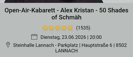 Ein lächelnder Mann in einem schwarzen T-Shirt. Open-Air-Kabarett - Alex Kristan - 50 Shades of Schmah. 23.06.2026 um 20:00. Steinhalle Lannach - Parkplatz. Hauptstraße 6, 8502 Lannach.