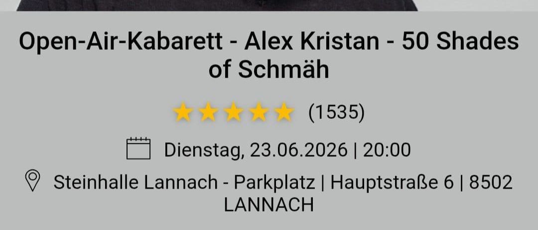 Ein lächelnder Mann in einem schwarzen T-Shirt. Open-Air-Kabarett - Alex Kristan - 50 Shades of Schmah. 23.06.2026 um 20:00. Steinhalle Lannach - Parkplatz. Hauptstraße 6, 8502 Lannach.