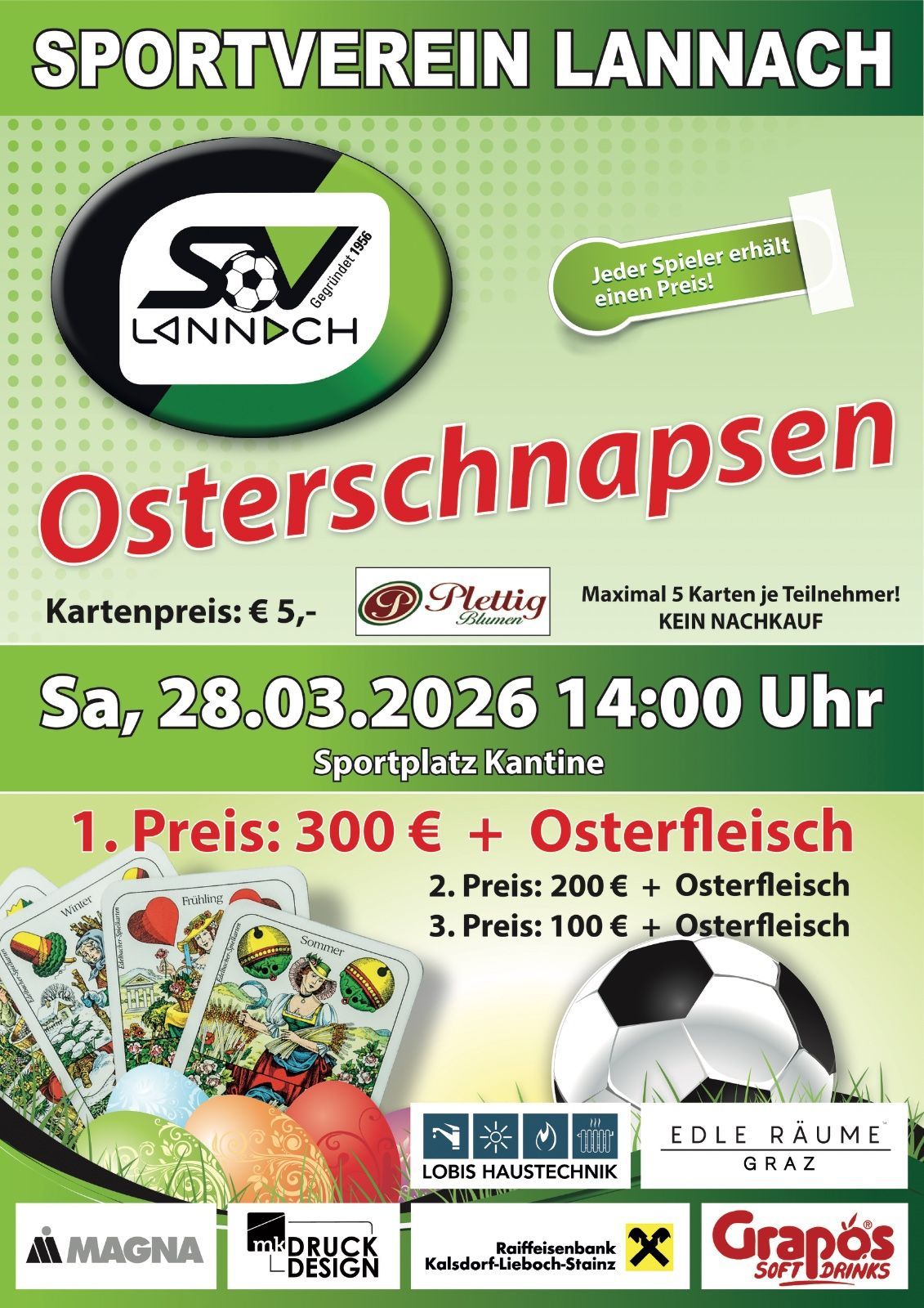 Plakat für Osterverlosung beim Sportverein Lannach. Veranstaltungsdatum: 28.03.2026, 14:00 Uhr. Drei Gewinnklassen mit Osterfleisch. Karten erhältlich für 5 Euro. Ort: Sportplatz-Kantine. Kein Verkauf nach der Veranstaltung.